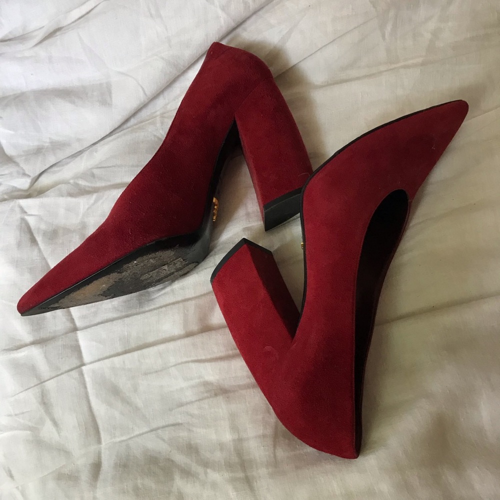 Rare Red Prada Velvet Suede Slanted Block Heel Pumps